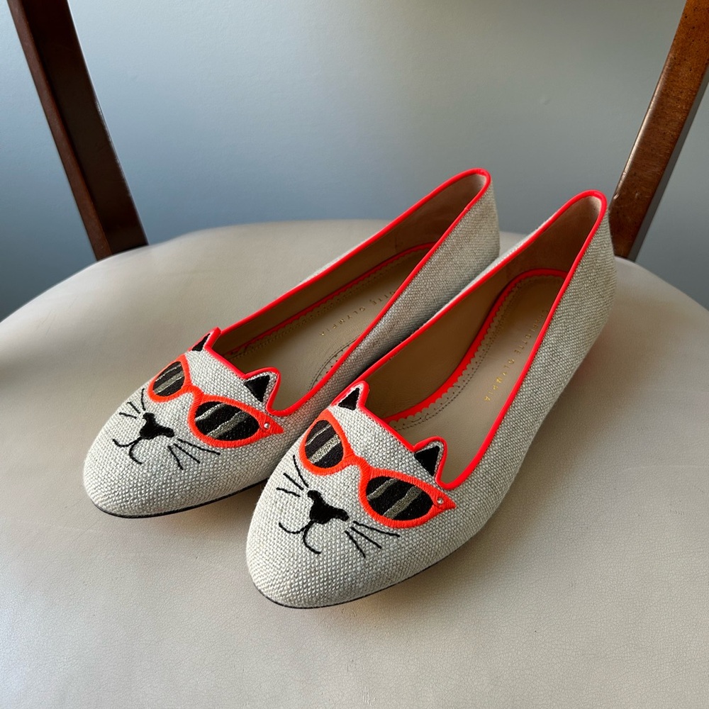 Charlotte Olympia beige and orange canvas cat Kitty ballet flats